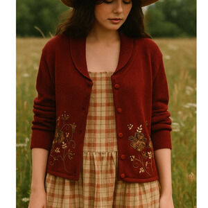 Vintage Cottagecore Knit Embroidered Beaded Sweater Cardigan Women's Size XL